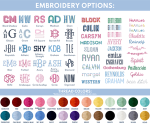 Embroidery options chart displaying various font styles and thread colors for customization