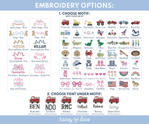 Embroidery options chart for backpacks displaying various motifs, font styles under motifs, and personalized font choices.