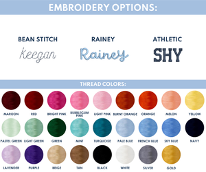 Embroidery options chart displaying font styles Bean Stitch, Rainey, and Athletic, along with thread color choices.