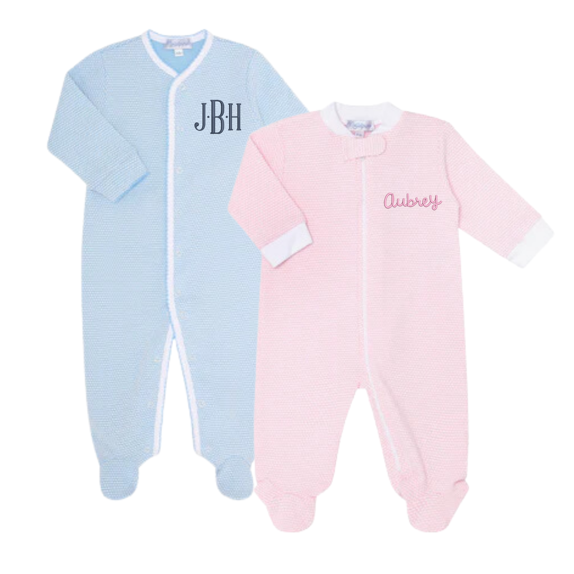 Two baby onesies, one in light blue and the other in soft pink.