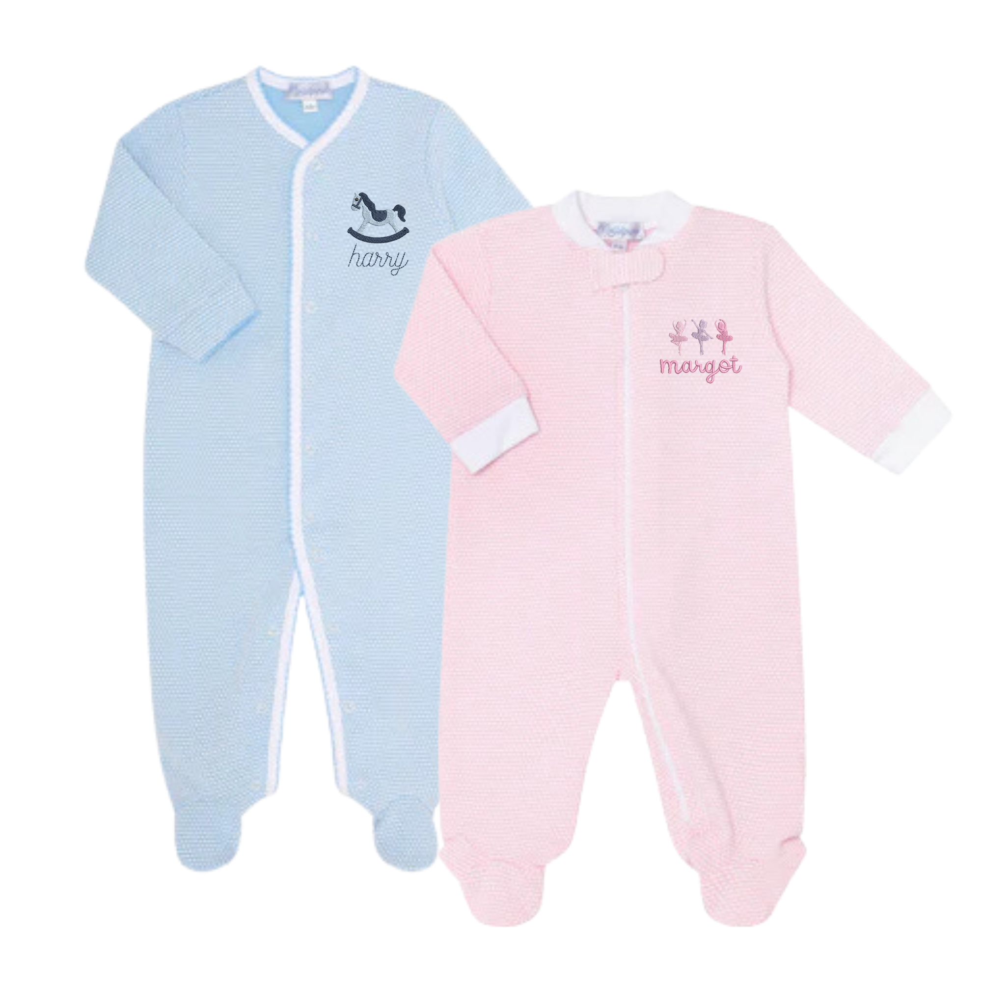 Two baby onesies, one in light blue and the other in soft pink with embroidered motif.