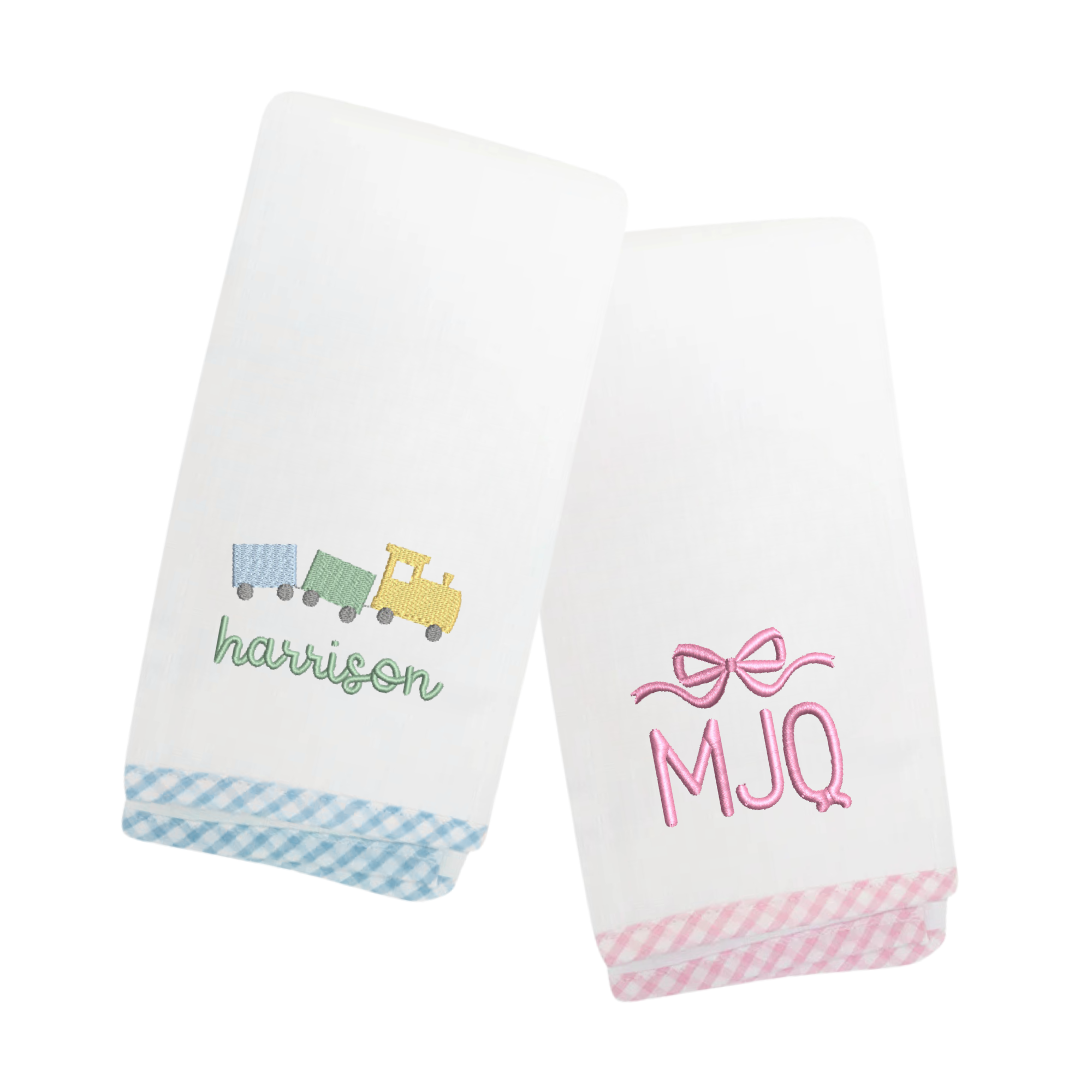 Two white towels with personalized embroidery: featuring with pink and blue gingham trim.