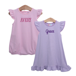 Two personalized striped baby dresses