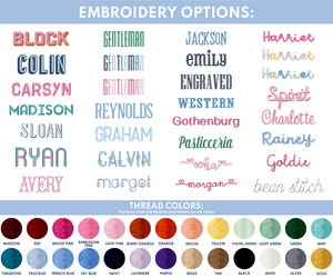 Embroidery options chart featuring a variety of font styles and thread colors for full chest personalization.