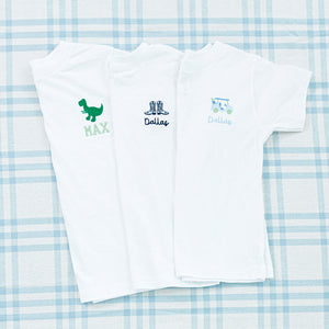 Three personalized baby tees featuring embroidered designs