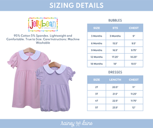 Sizing details chart for bubbles and dresses, including size, length, and chest measurements.