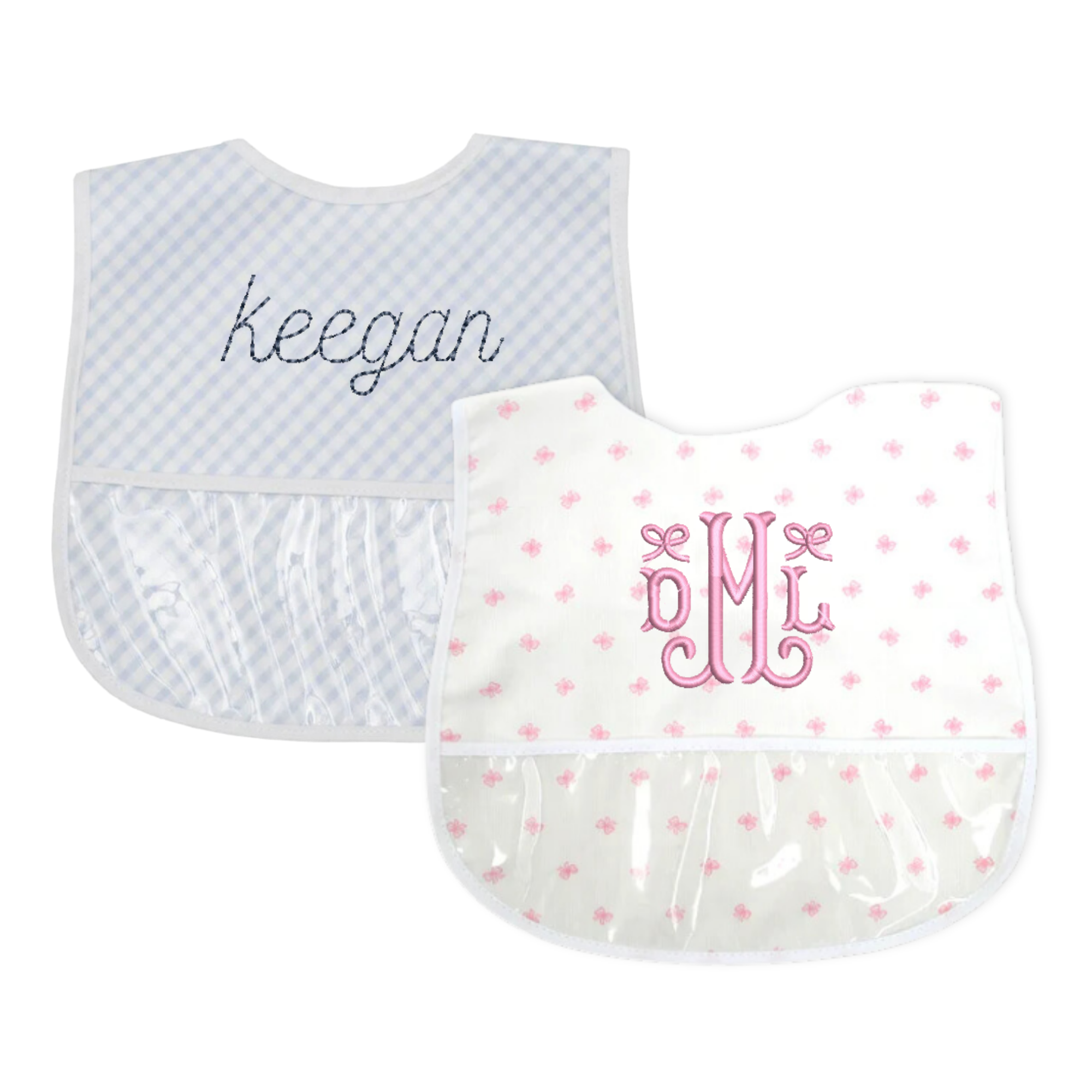 Set of two laminated baby bibs featuring gingham and floral pattern