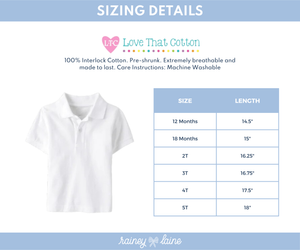 Sizing chart for Love That Cotton clothing, detailing sizes 12 months, 18 months, 2T, 3T, 4T, and 5T with corresponding length measurements.