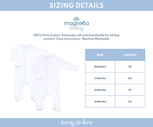 Sizing chart for Magnolia Baby clothing, detailing sizes newborn, 3 months, 6 months, and 9 months