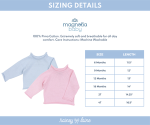 Sizing chart for Magnolia Baby clothing, detailing sizes 6 months, 9 months, 12 months, 18 months, 2T, and 4T 