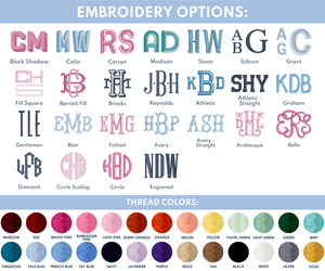 Embroidery options chart displaying various font styles and thread colors for customization.