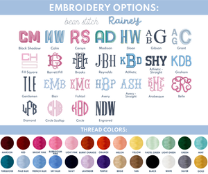 Embroidery options chart for monogram featuring a variety of motifs, font styles, and font colors.