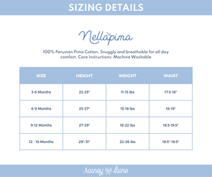 Sizing chart for Nella Pima clothing, detailing sizes 3-6 months, 6-9 months, 9-12 months, and 12-18 months 