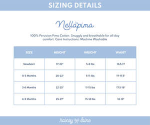 Sizing chart for Nella Pima clothing, detailing sizes newborn, 0-3 months, 3-6 months, and 6-9 months