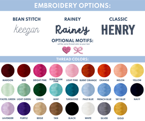 Embroidery options chart for paci clips featuring a variety of motifs, font styles, and font colors.