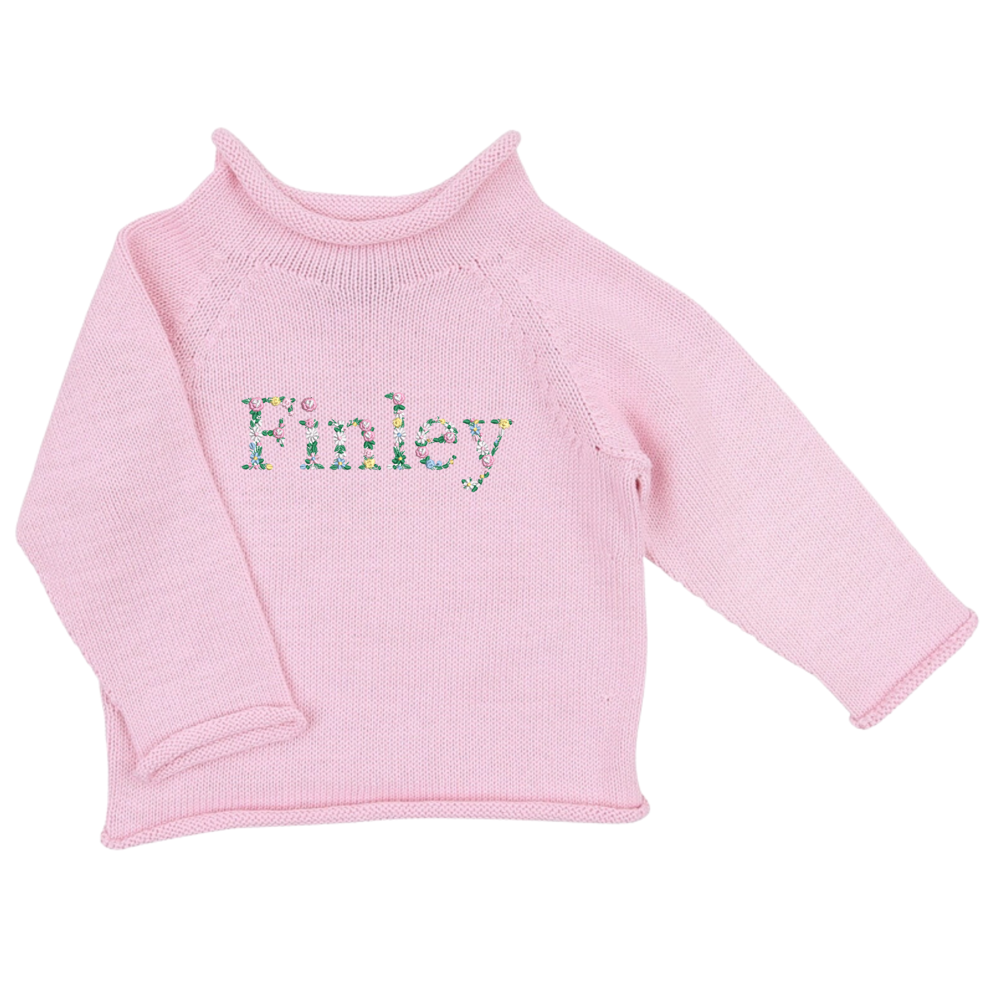 Pink baby sweater personalized with the name 'Finley' in floral embroidery.