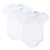 Two white smocked onesies in 2 different colors: pink and blue.