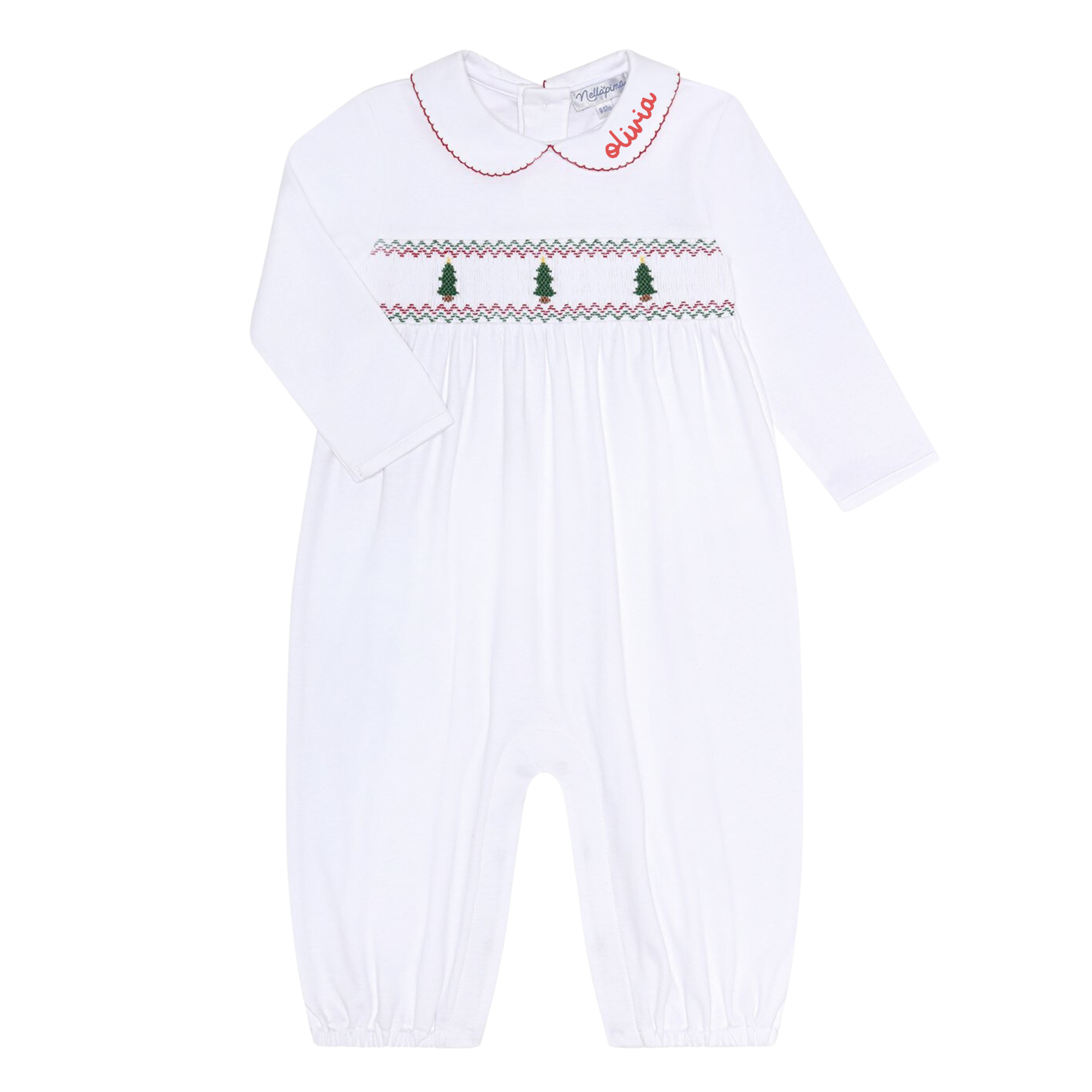 Long Sleeve Smocked Romper with Christmas Trees