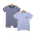 Two personalized striped baby outfits: a navy romper and a light blue t-shirt 