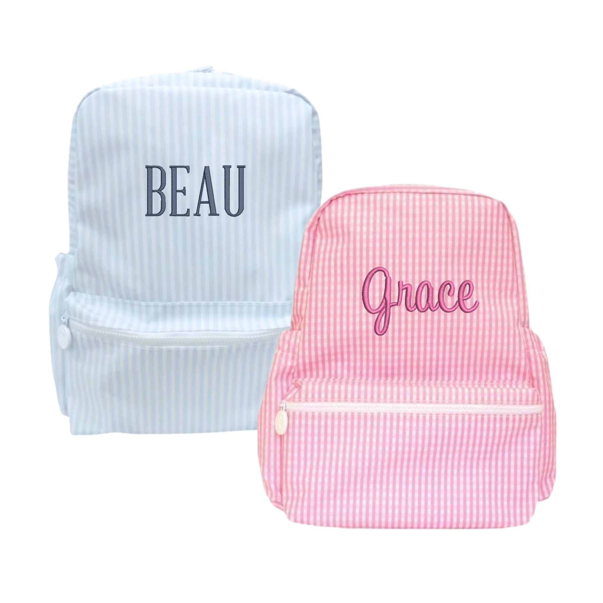 Two gingham backpacks in 2 different colors