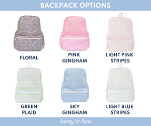 Backpack options chart featuring six designs for Rainey Laine.