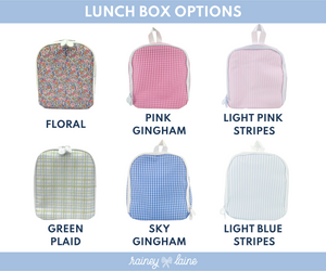 Lunch box options chart showing six designs: Floral, Pink Gingham, Pink Pimlico, Green Plaid, Sky Gingham, and Blue Pimlico.