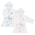 Two soft, hooded baby robes with contrast piping and belt closure with embroidered motif.