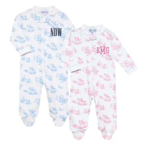 Two baby patterned onesies, both featuring a footed design with long sleeves